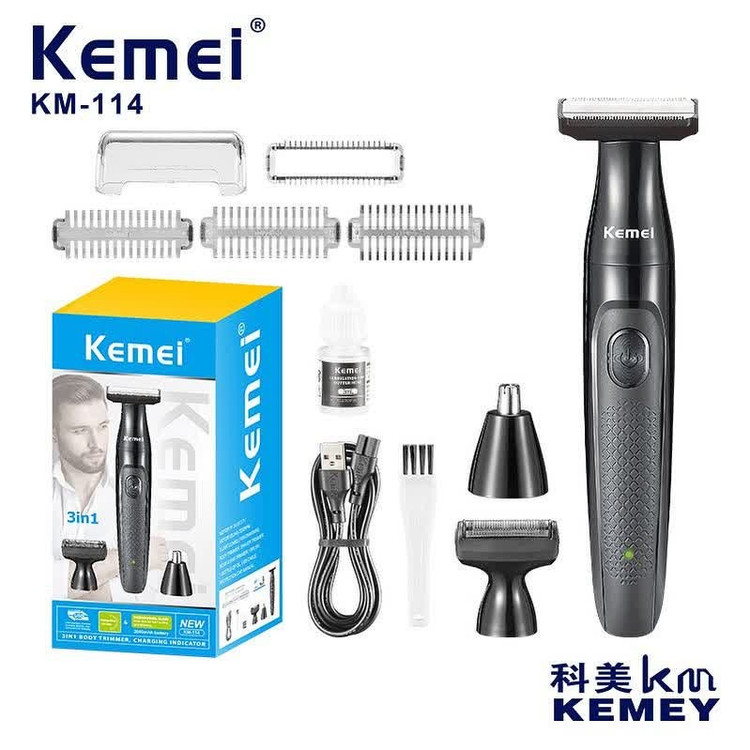 ماشین اصلاح ۳ کاره کیمی مدل Kemei KM-114 اصل؛ موتور توربو، صفرزن و خطزن حرفهای، ضد آب با باتری قدرتمند