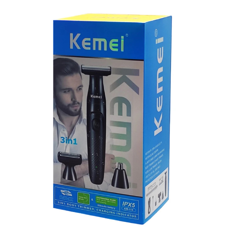 ماشین اصلاح ۳ کاره کیمی مدل Kemei KM-114 اصل؛ موتور توربو، صفرزن و خطزن حرفهای، ضد آب با باتری قدرتمند